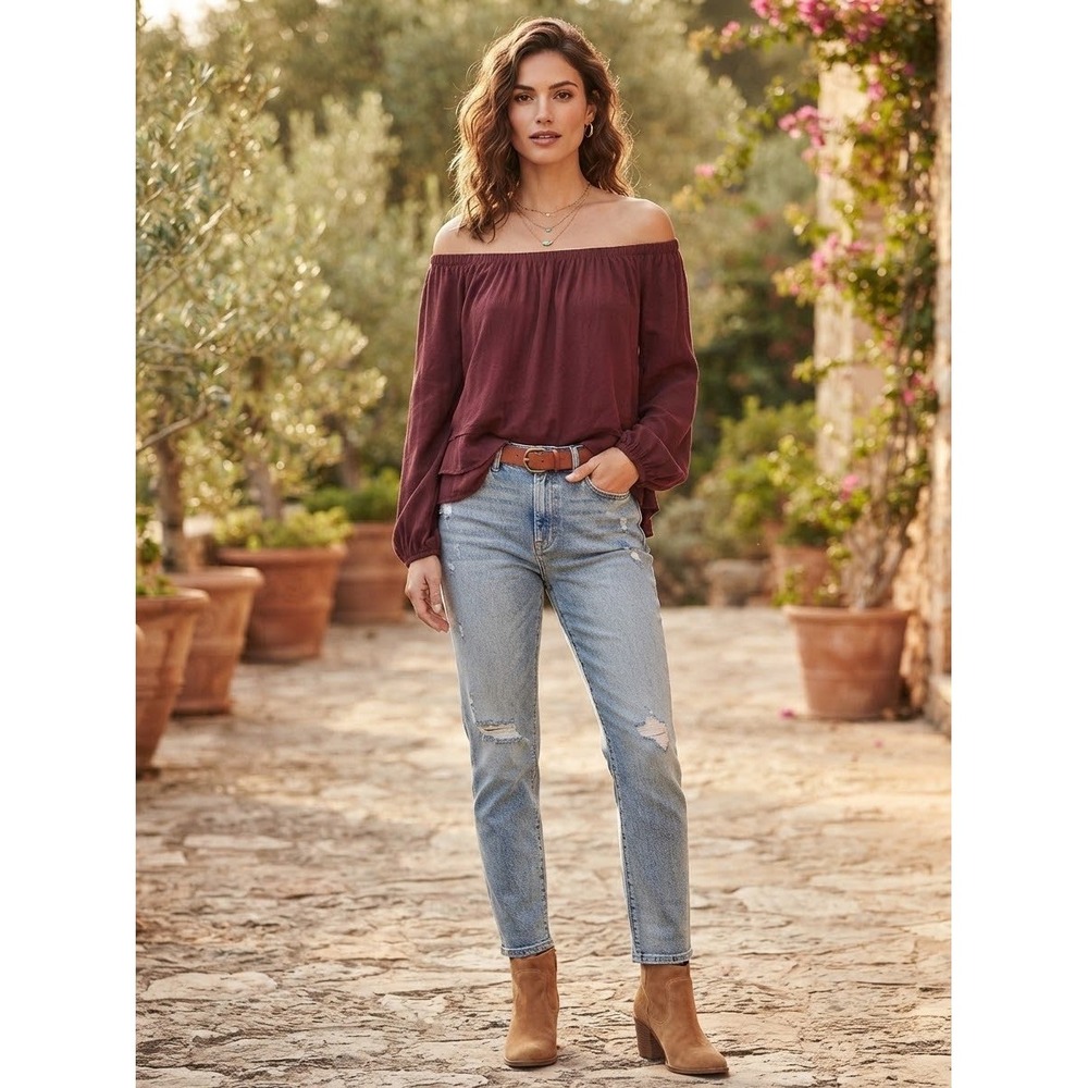 Cloth & Stone Womens Off The Shoulder Rayon Top Maroon Small
